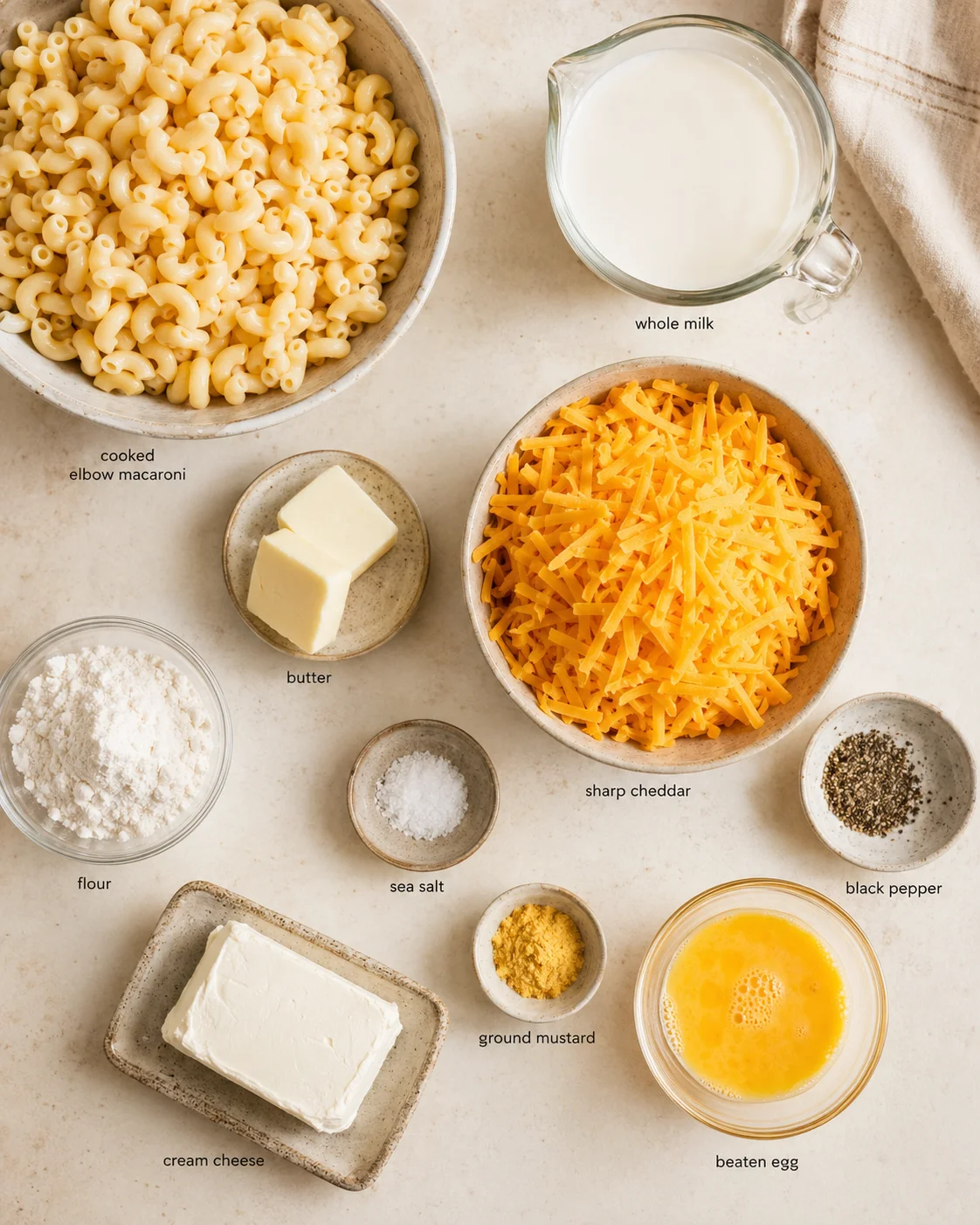 Top-down layout of macaroni-and-cheese ingredients: elbow pasta, cheddar cheese, milk, butter, flour, salt, pepper, mustard, eggs, cream cheese.