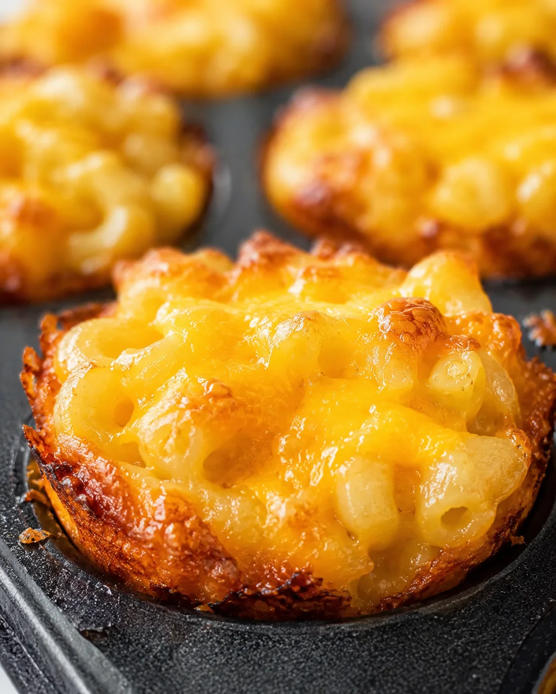 Golden macaroni and cheese bites baked in a dark muffin pan with melted cheddar.