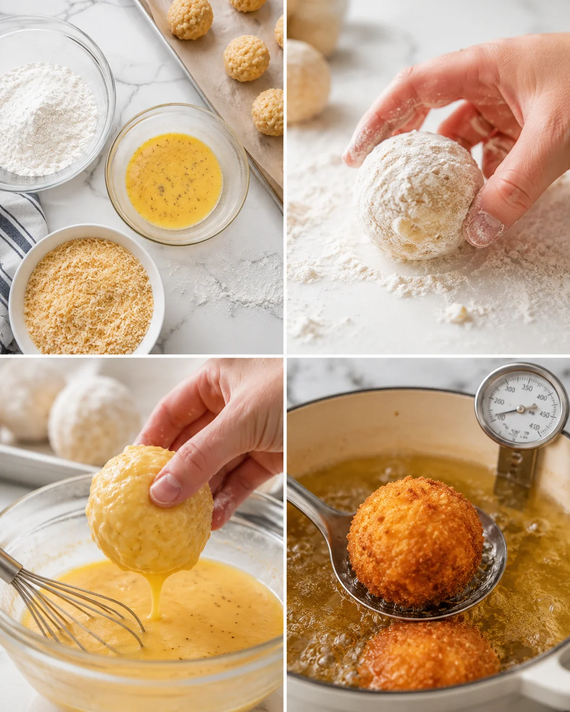 Collage of prep steps for crispy cheese balls: flour, eggs, breadcrumbs, shaping, batter dipping, and frying.