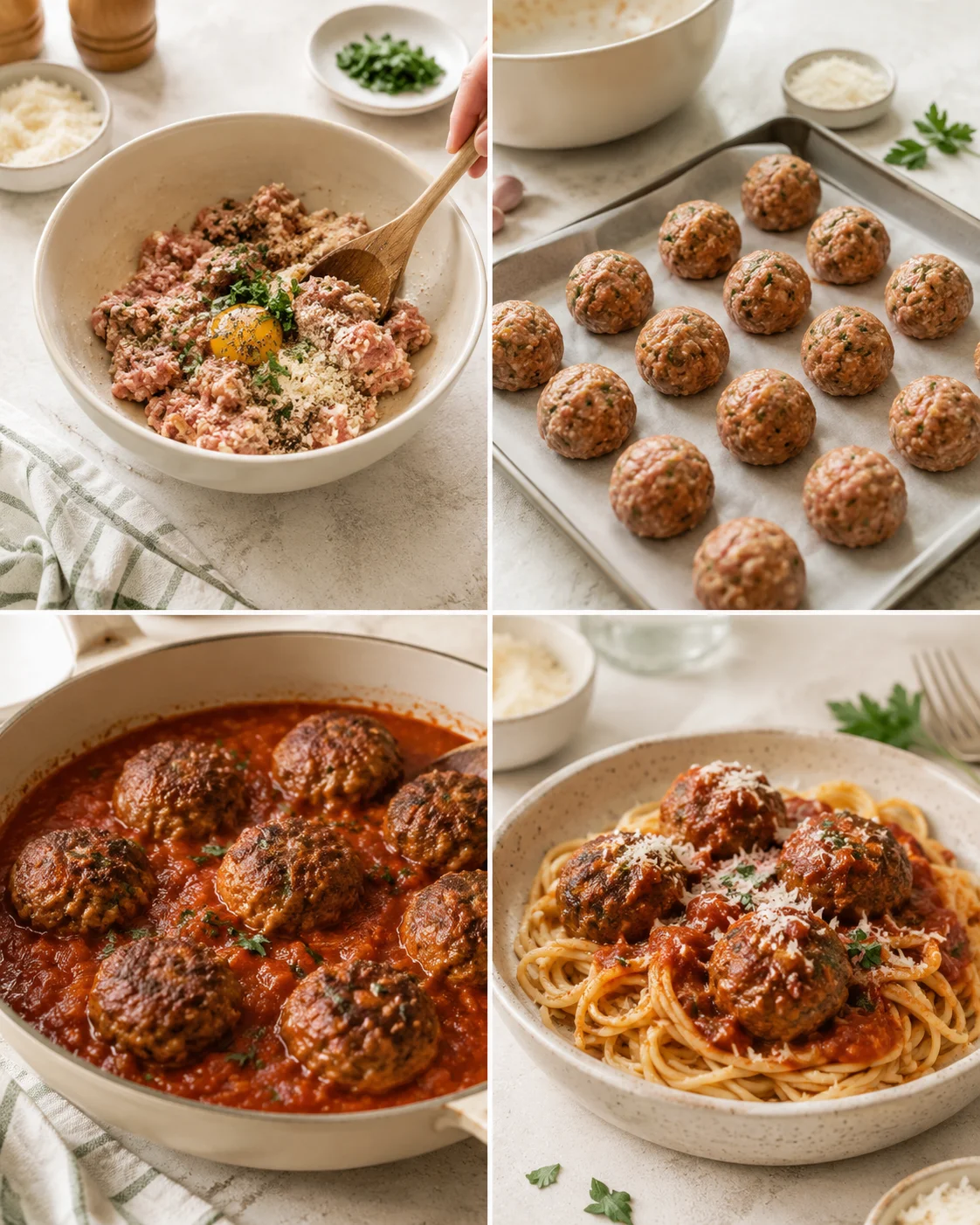 A four-panel collage showing meatball prep: mixing, shaping, simmering sauce, and plated spaghetti with meatballs.