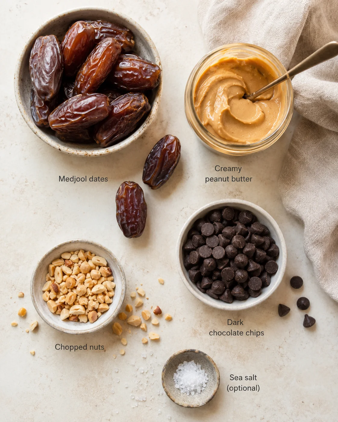 Overhead view of dates, peanut butter, nuts, chocolate chips, and sea salt arranged on a light countertop.