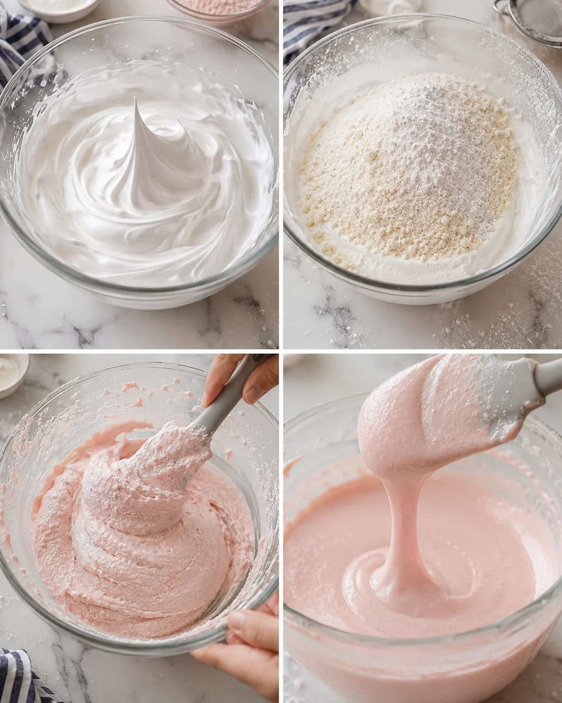 collage of four bowls showing meringue, flour-dusted batter, pink mousse, and pouring pink glaze