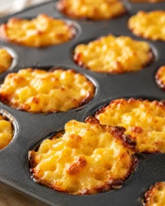 Close-up of blistered, golden cheesy muffin cups in a dark nonstick muffin tin.
