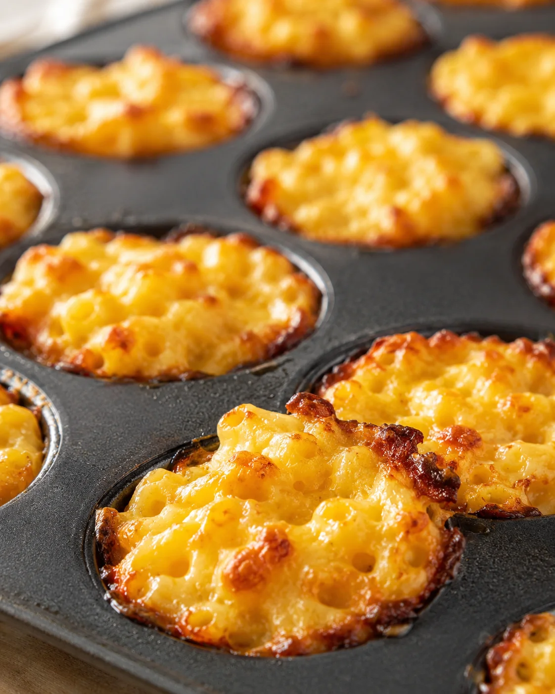 Close-up of blistered, golden cheesy muffin cups in a dark nonstick muffin tin.