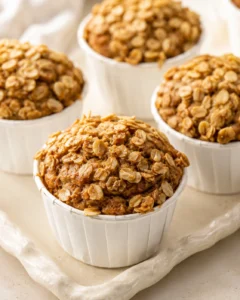 muffins in white ramekins topped with oats on a beige baking tray