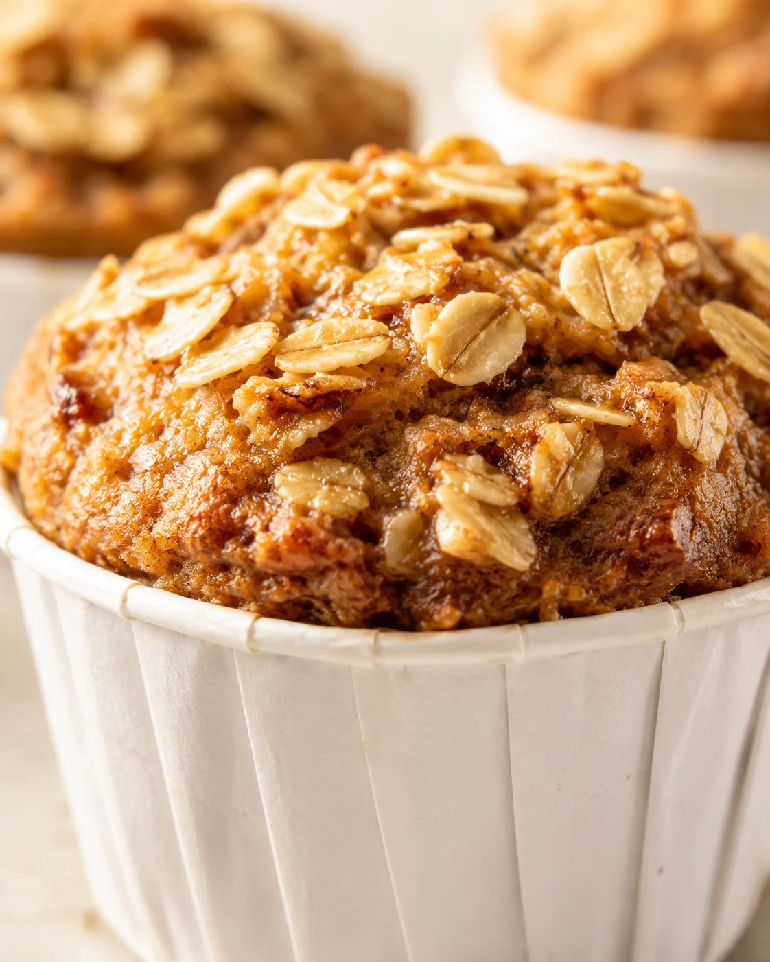 Golden-brown muffins topped with oats in white paper liners, close-up.