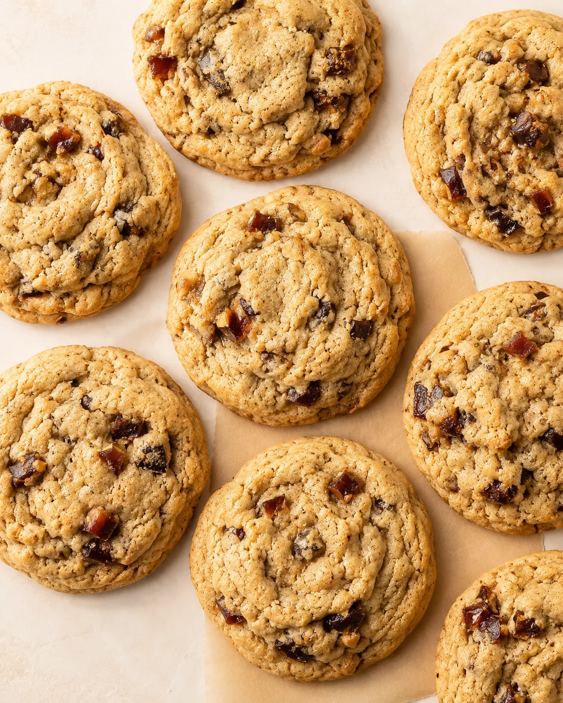 Top-down view of several chewy oatmeal cookies with dark chocolate chips on parchment paper.
