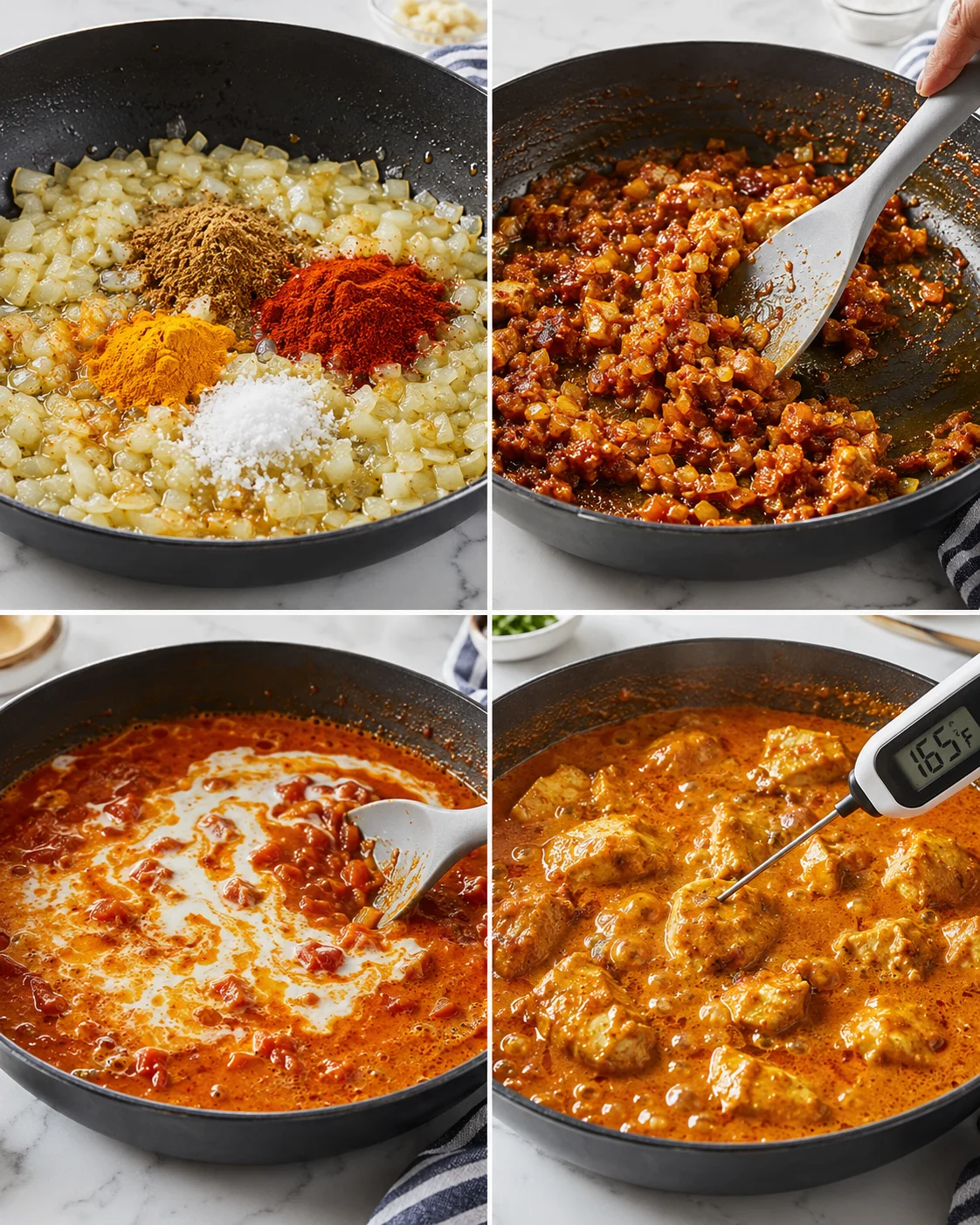 Four-panel collage showing onion-sauce with spices, browned meat, tomato-cream sauce, and thermometer in a skillet.