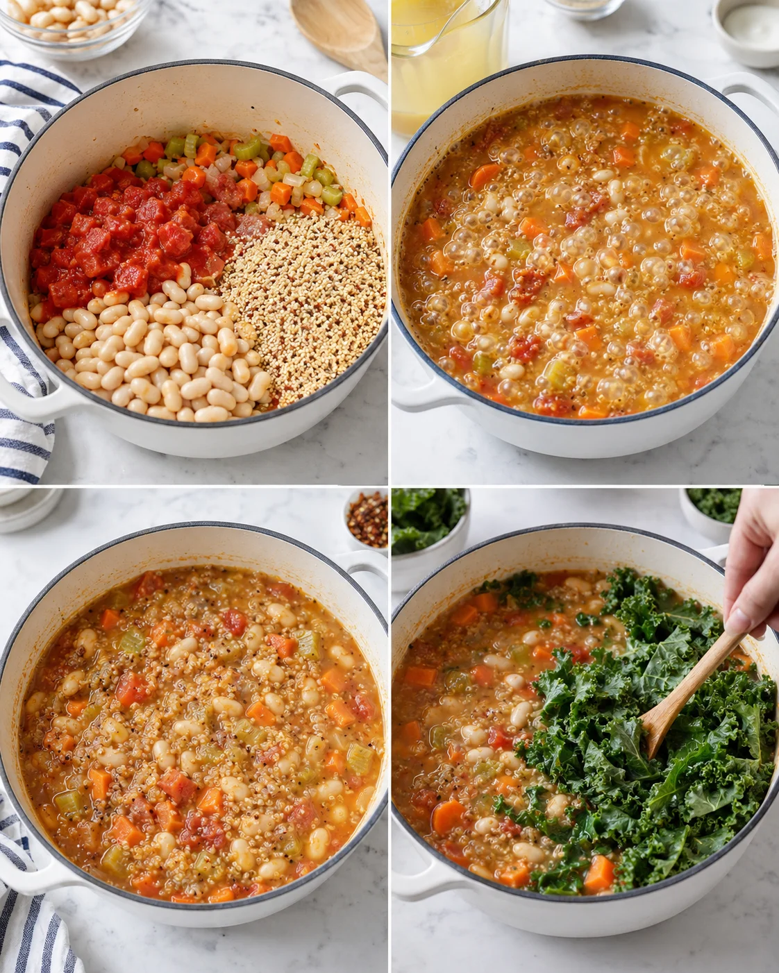 collage showing a white pot with diced veggies, white beans, quinoa, simmering, and kale being added.