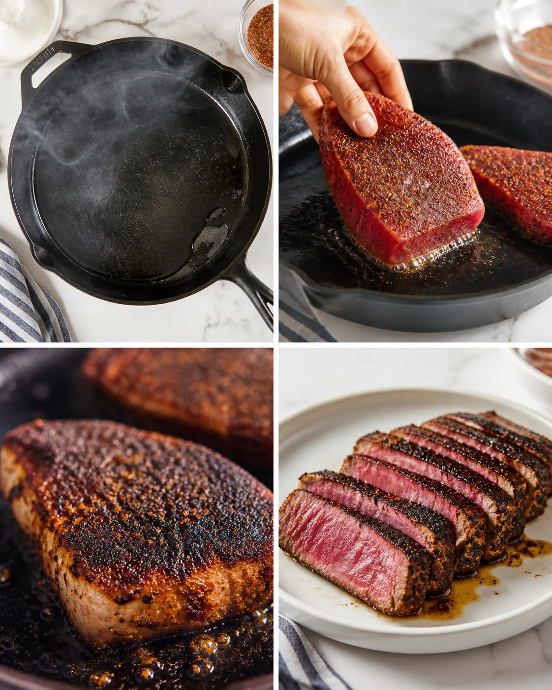 Collage showing a cast-iron skillet, searing steak, and sliced medium-rare beef.