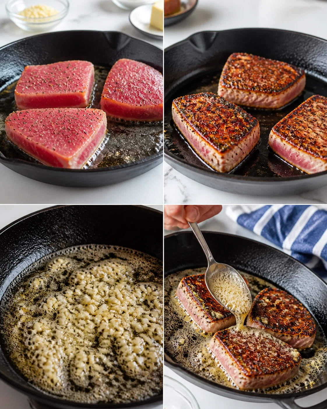 collage of tuna steaks in a cast-iron skillet at various cooking stages, from raw to seared