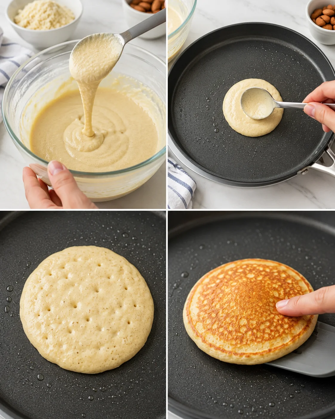 collage showing batter being prepared, poured into a skillet, and a pancake cooking
