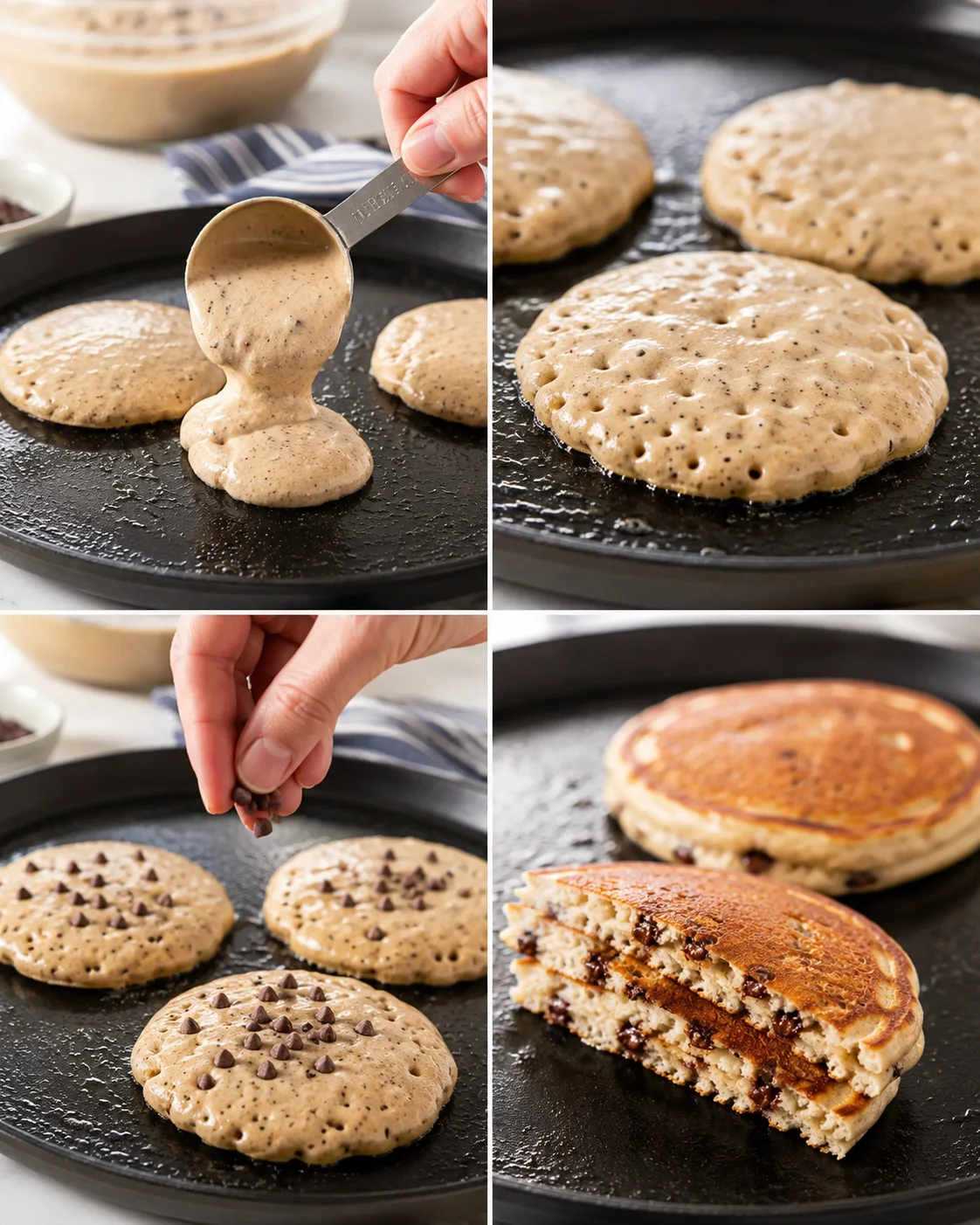 Four-panel collage of pancakes cooking with batter, chocolate chips being added, and a layered pancake cake.