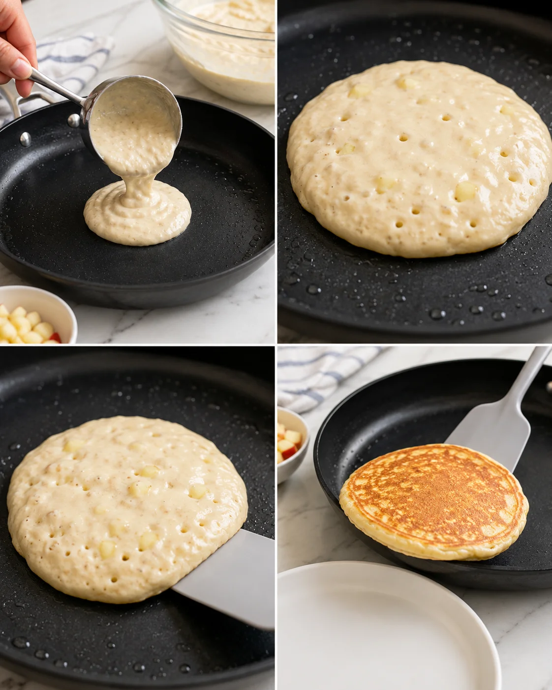 Four-panel collage showing pancake batter being poured, batter cooking in a skillet, and a golden pancake with spatula.