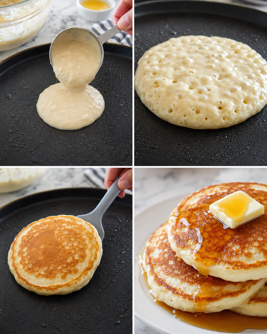 collage showing pancake-making: batter on skillet, cooked pancake, flipping, and syrupy stack with butter.