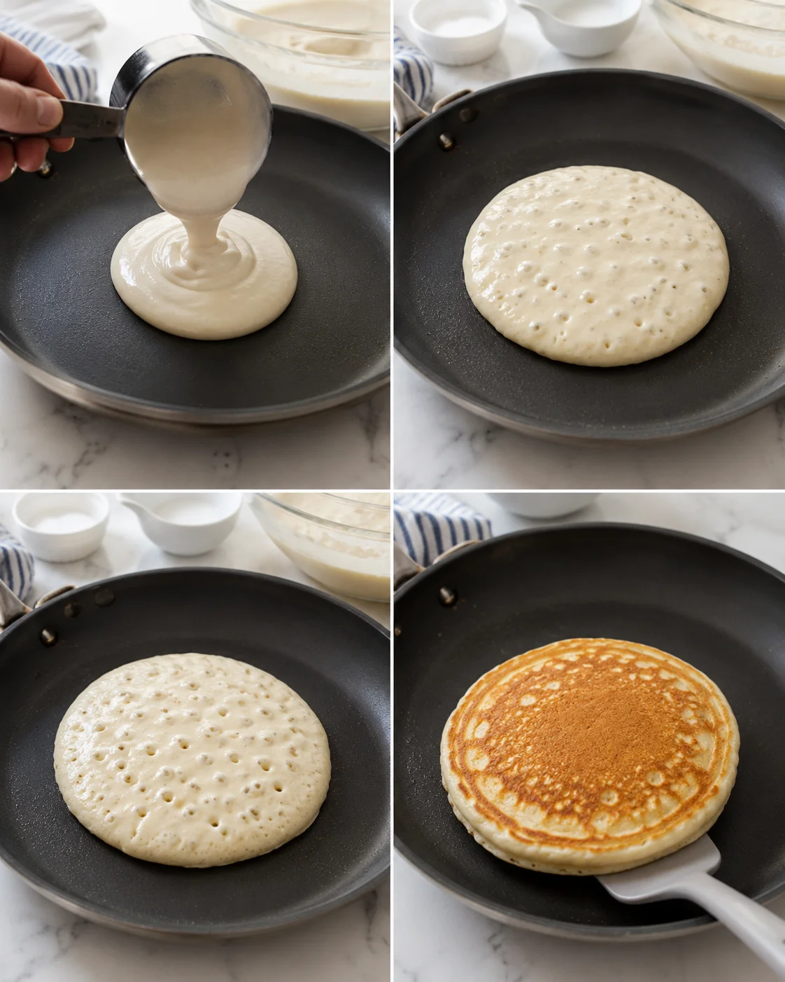 collage showing batter poured, pancakes cooking, and a golden pancake in a skillet