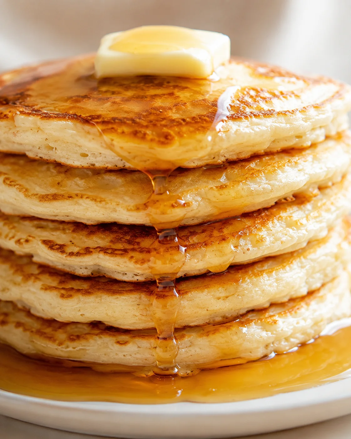 Close-up of a stack of golden pancakes with a butter pat and maple syrup cascading down.