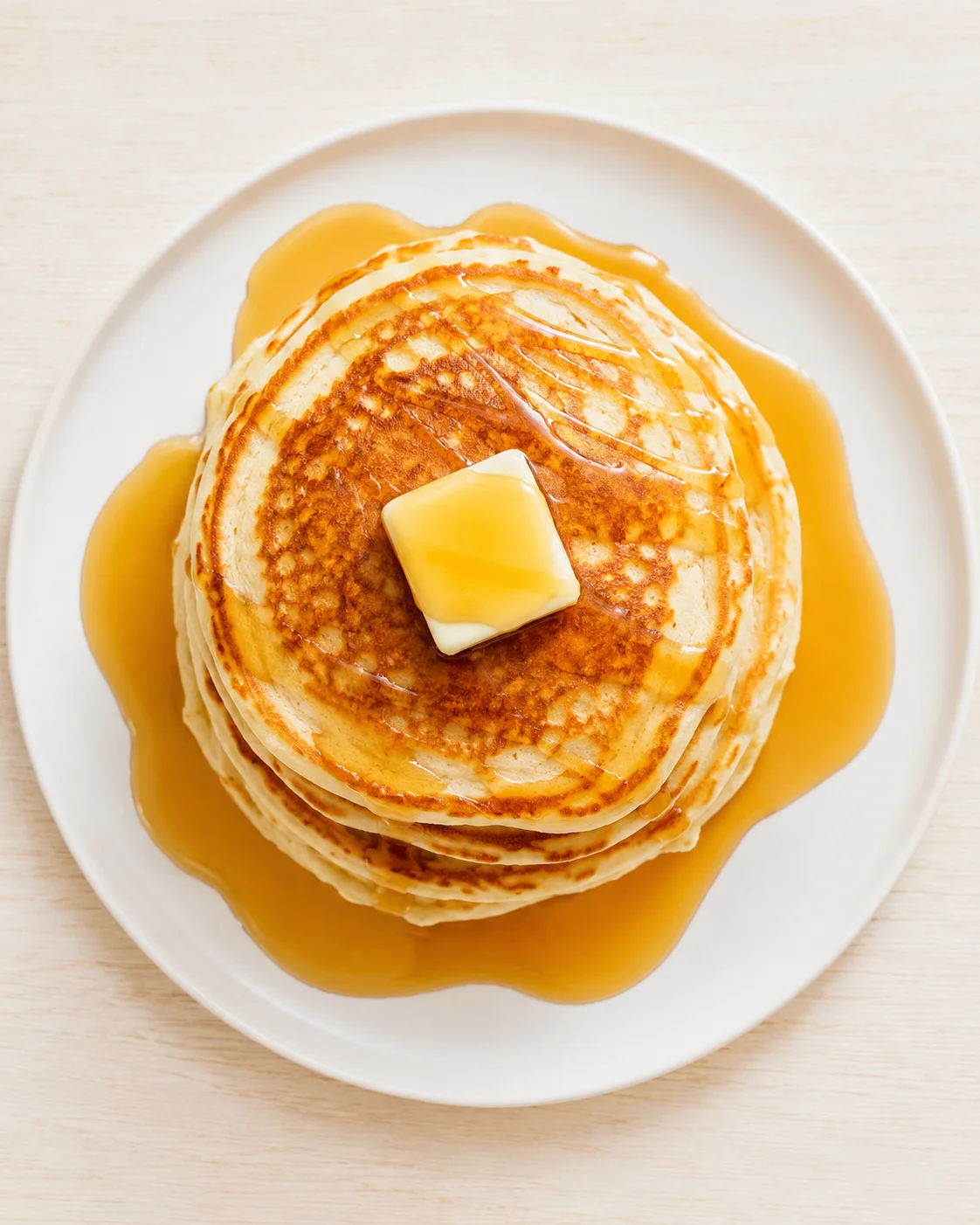 top-down view of a stack of fluffy pancakes with a pat of butter and maple syrup on a white plate