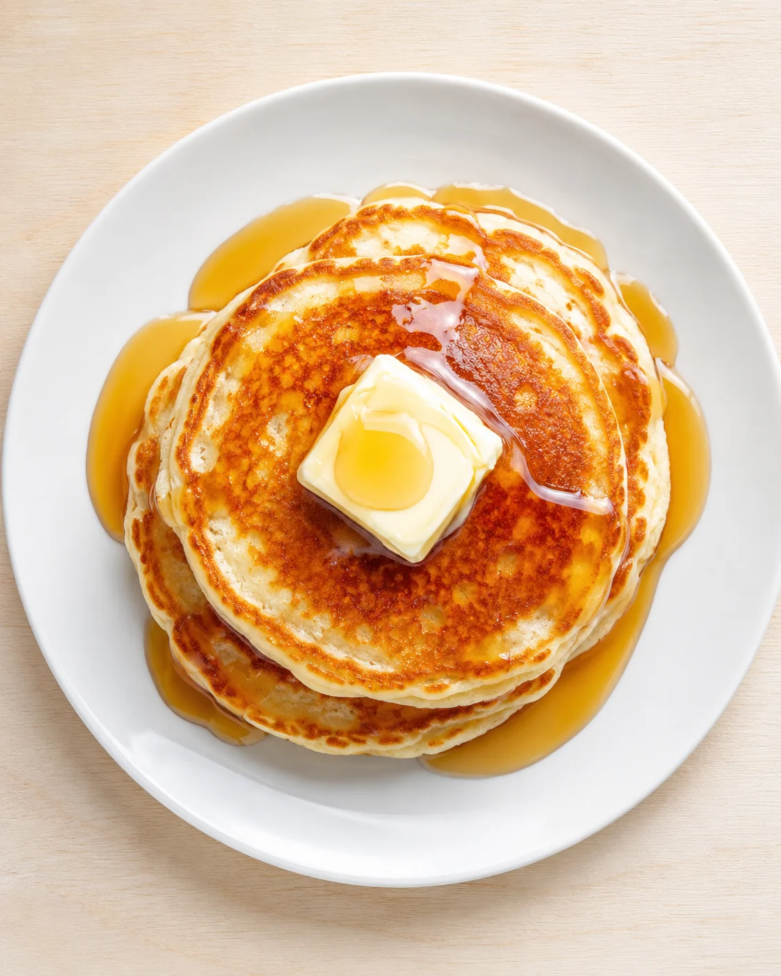 Top-down view of golden pancakes with butter and syrup on a white plate.