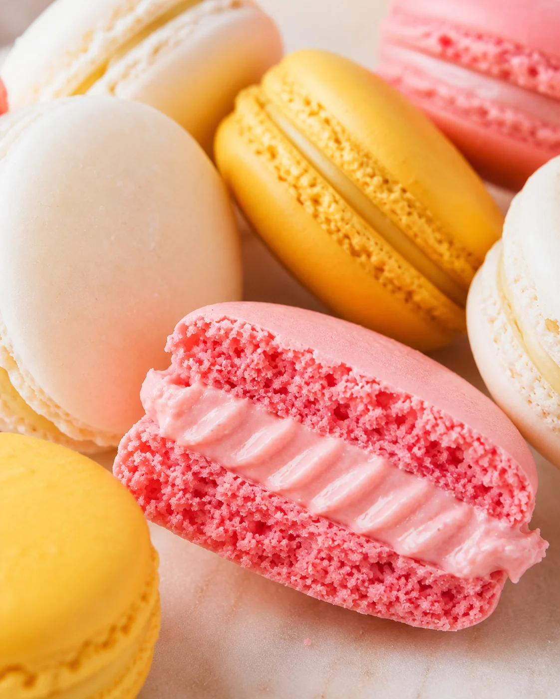 Close-up of pastel macarons in pink, yellow, and white, with a pink bitten macaron in front.