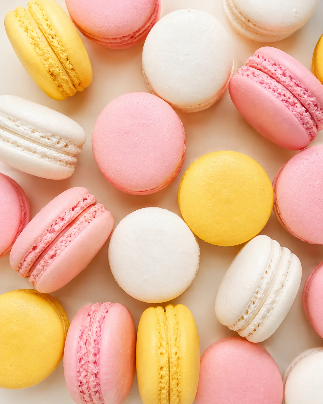 Close-up of pastel macarons in pink, white, and yellow on a beige background.