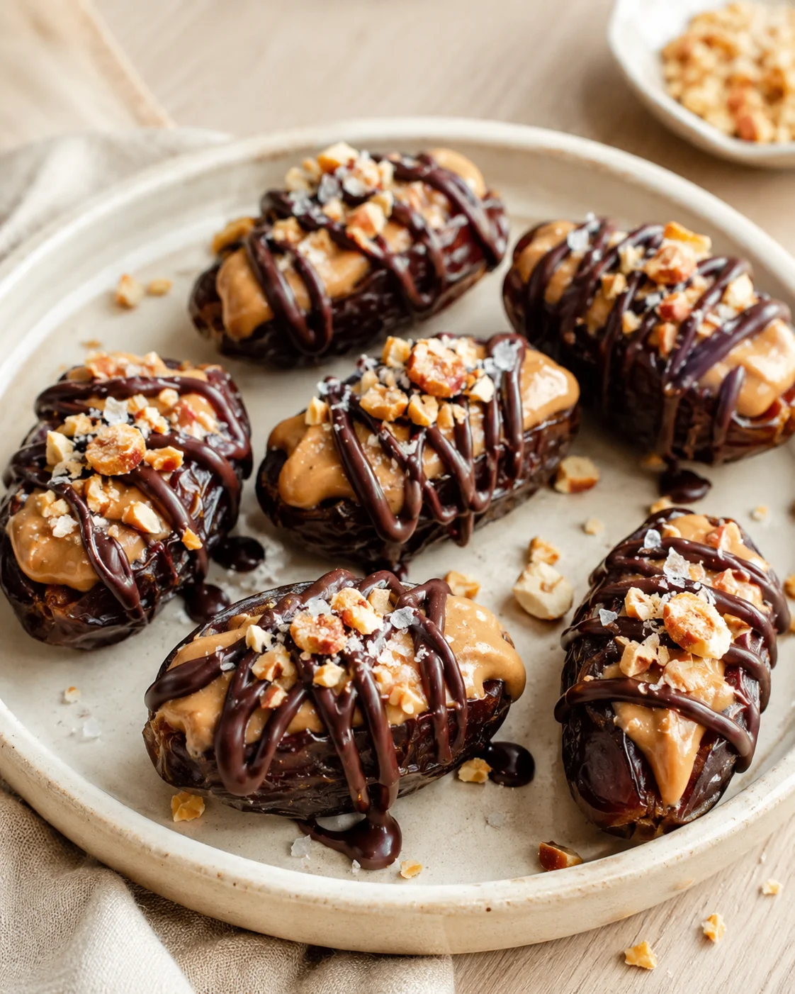 six peanut-butter-stuffed-dates drizzled with chocolate and crushed nuts on a beige plate