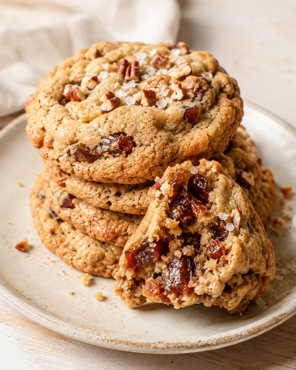 Stack of golden-brown pecan and dried cherry oatmeal cookies on a beige plate; broken cookie reveals chewy center.