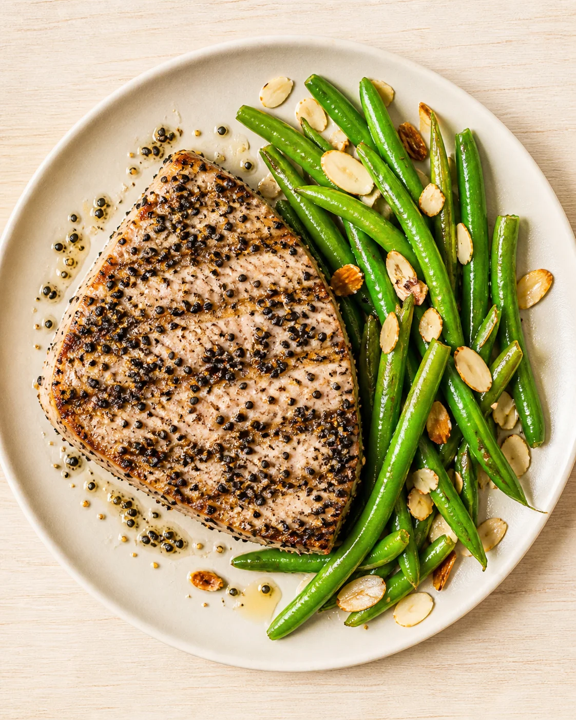 seared pepper-crusted fish fillet with green beans and almond slices on a beige plate