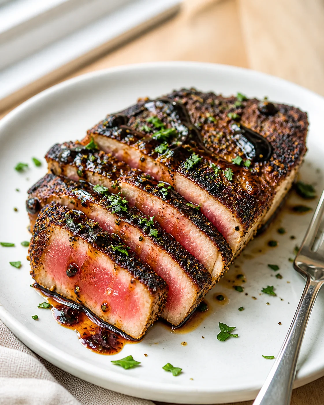 sliced pepper-crusted pork tenderloin on a white plate with parsley garnish