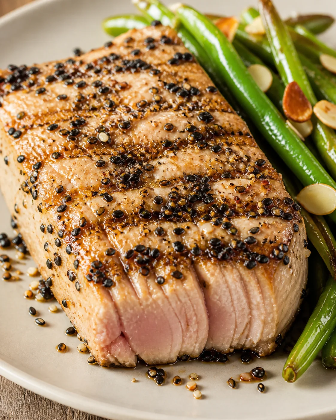 thick pepper-crusted pork tenderloin with green beans and almond slices on a plate