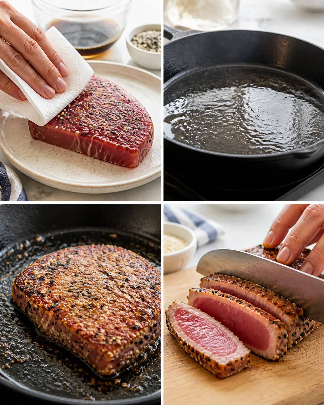 collage of steak prep: raw seasoned steak, hot skillet, seared crust, and sliced pepper crust