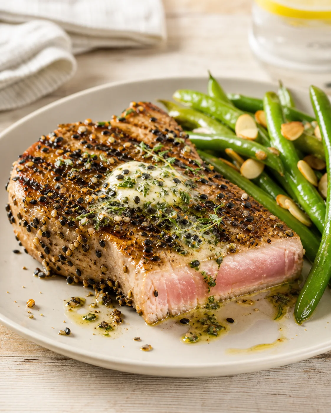 Seared pepper-crusted steak with herb butter and green beans on a light plate.