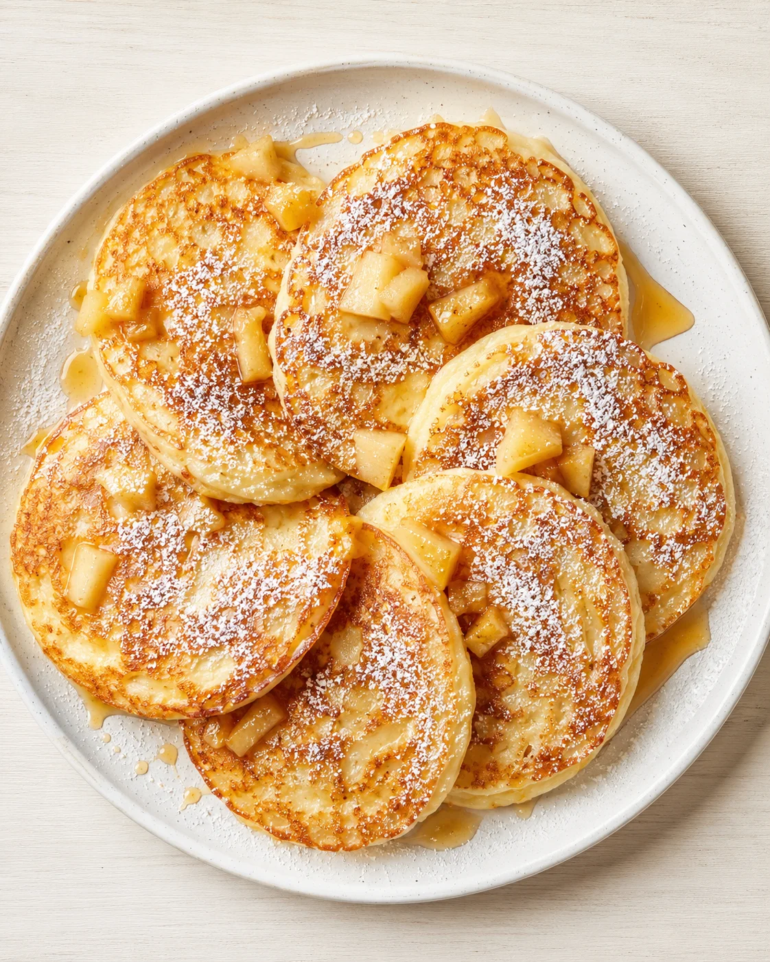 Golden pancakes topped with pineapple chunks, powdered sugar, and syrup on a white plate.