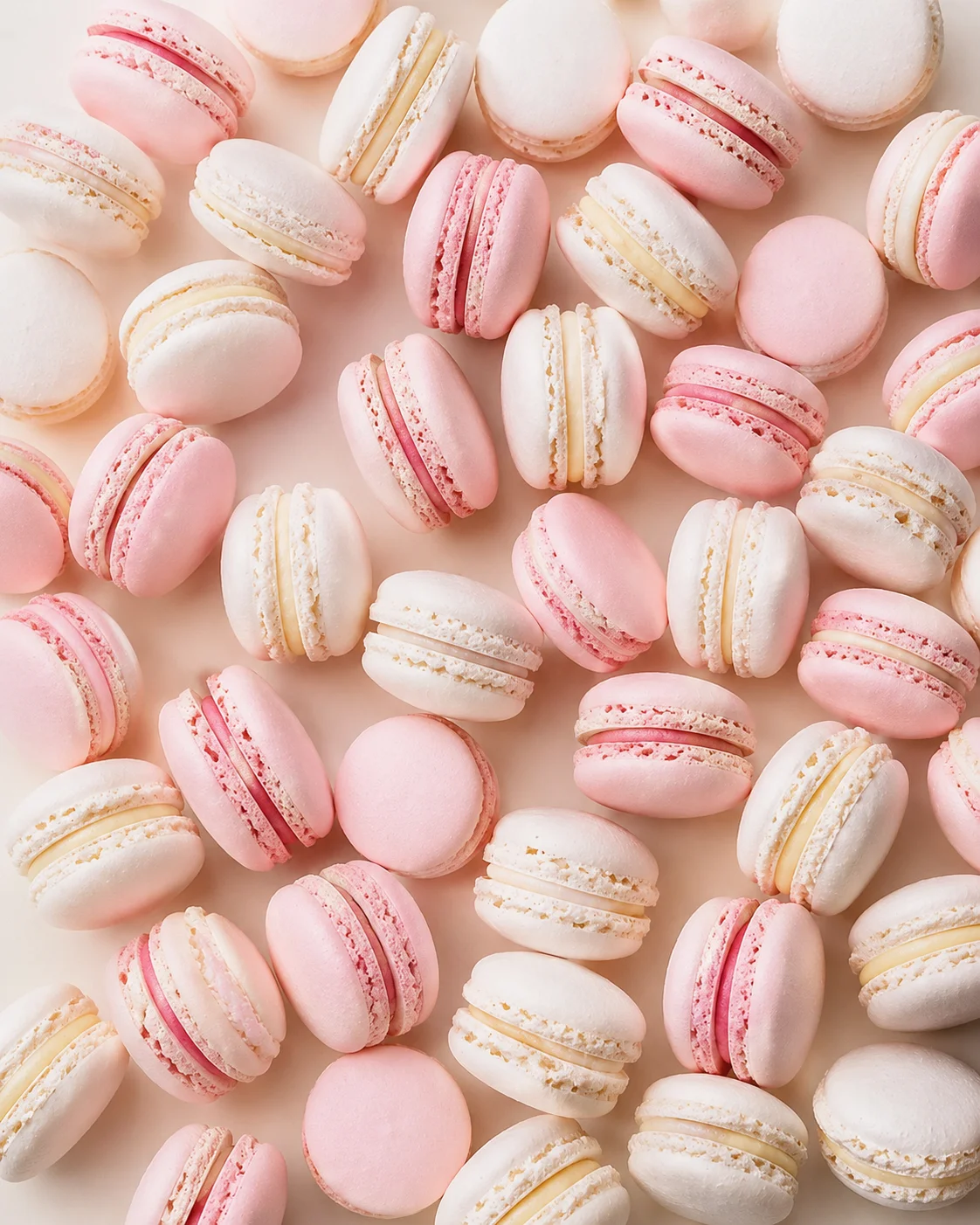 Close-up of pink and white macarons scattered on a pale background.