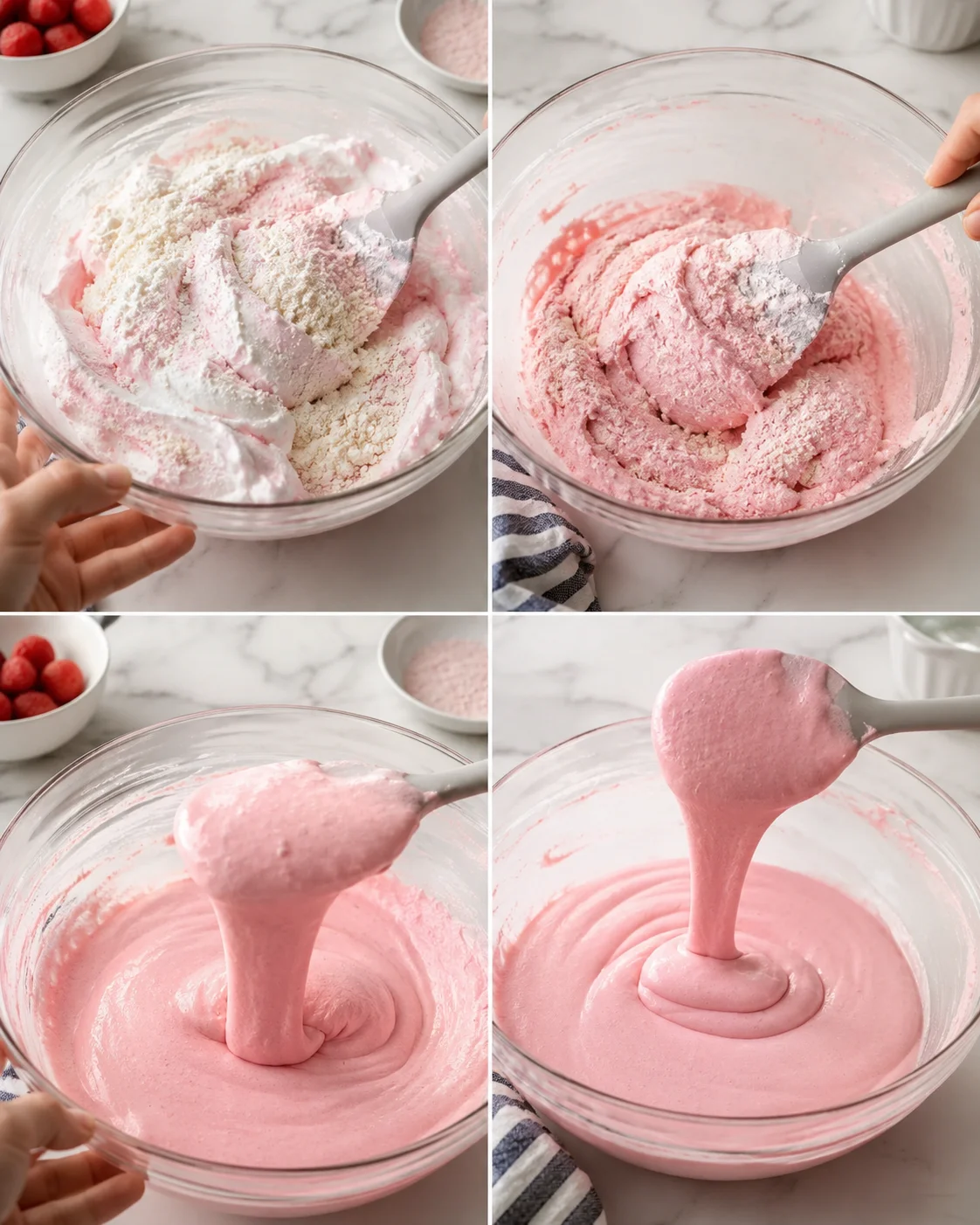 Four-panel collage of pink batter being mixed in a glass bowl on a marble counter with flour nearby.