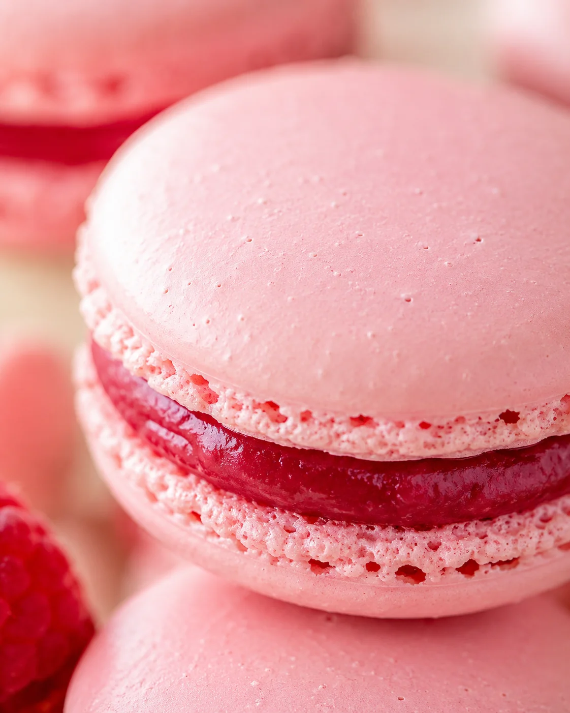 Close-up of pink macarons with a glossy raspberry jam filling.