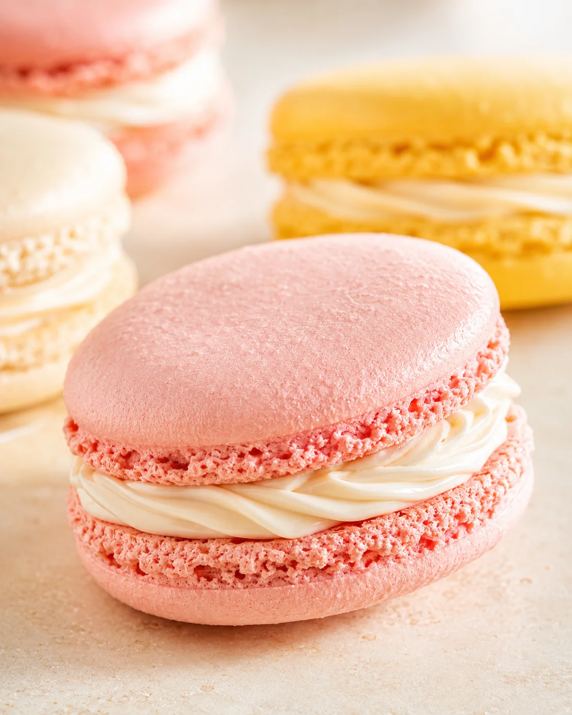 Close-up of pink macaron with cream filling, with yellow and white macarons blurred in background