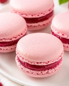 Close-up of pink macarons with raspberry jam filling on a white plate