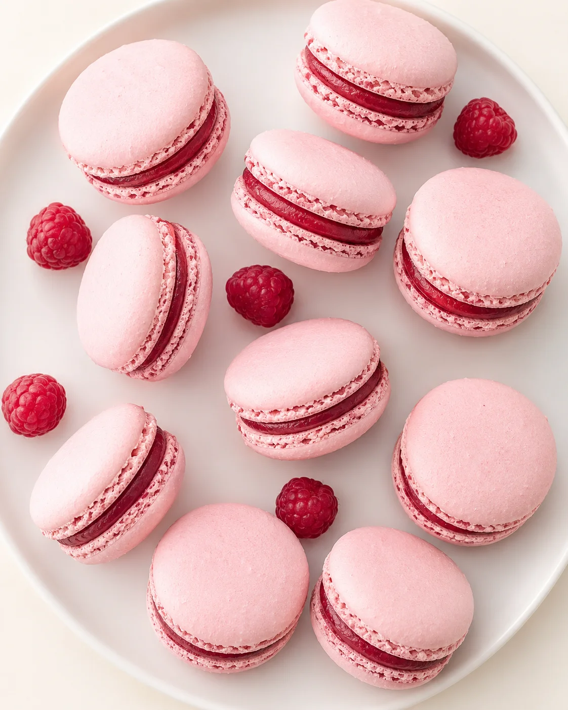 pink raspberry macarons on a white plate with fresh raspberries