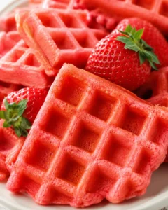 Close-up of bright pink waffles with fresh strawberries and green leaves on a plate.