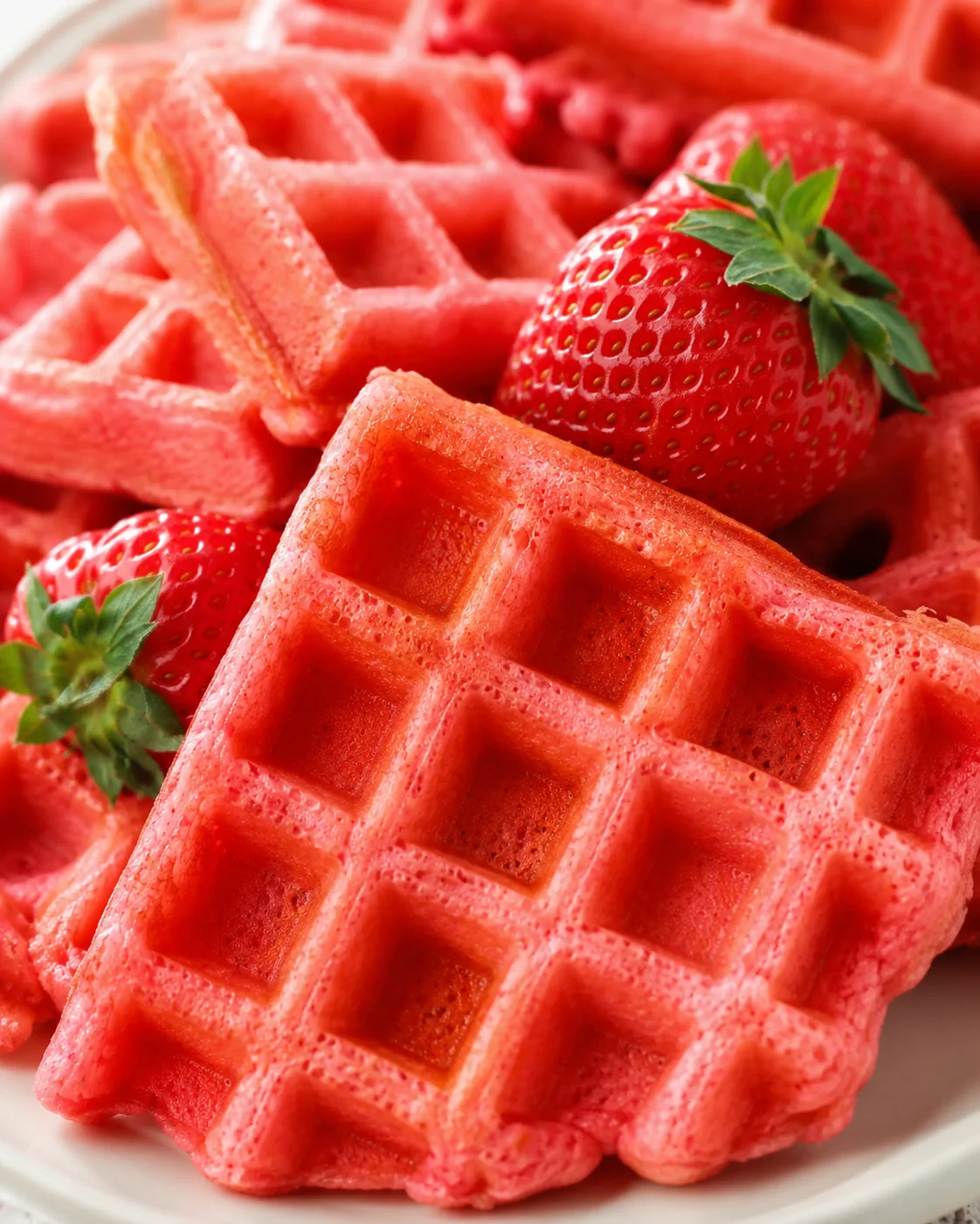 Close-up of bright pink waffles with fresh strawberries and green leaves on a plate.