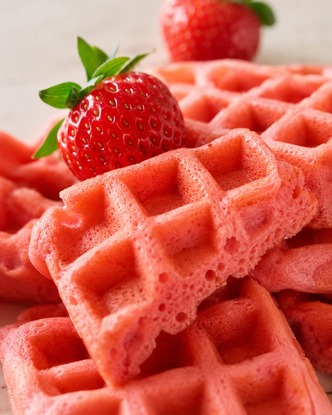 close-up of pink waffles topped with a fresh strawberry and green leaves