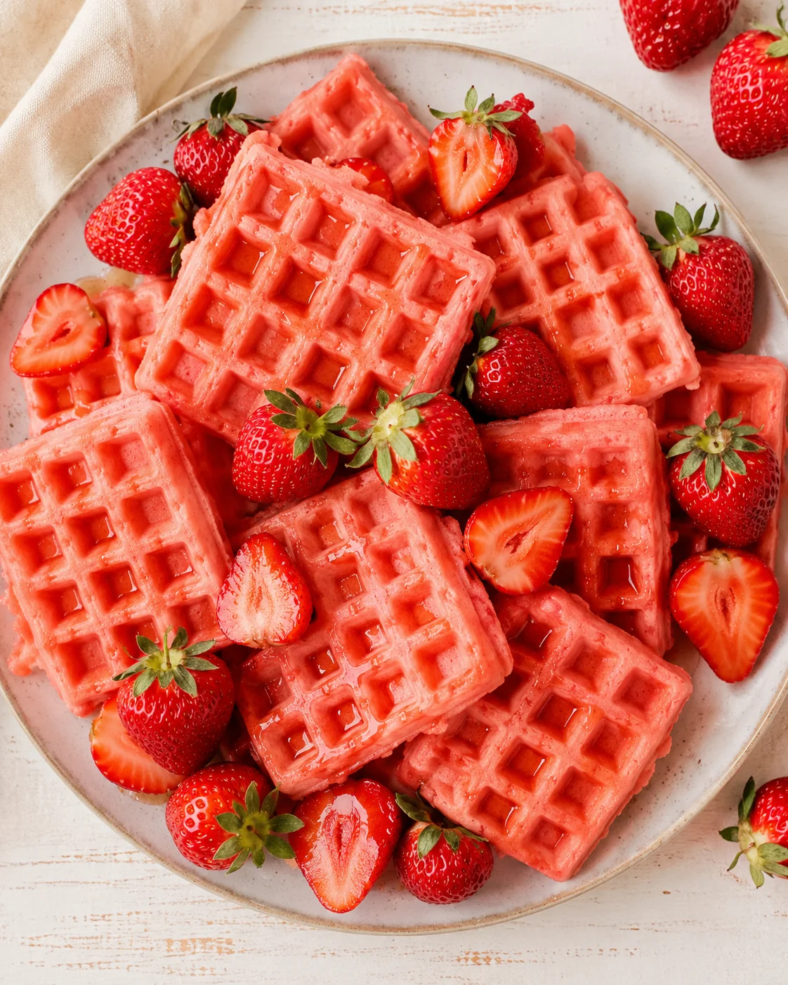 plated pink watermelon waffles on a white plate with fresh strawberries