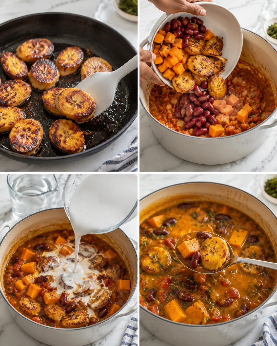 collage of four cooking steps: fried plantains, adding squash and beans, pouring coconut milk, hearty stew