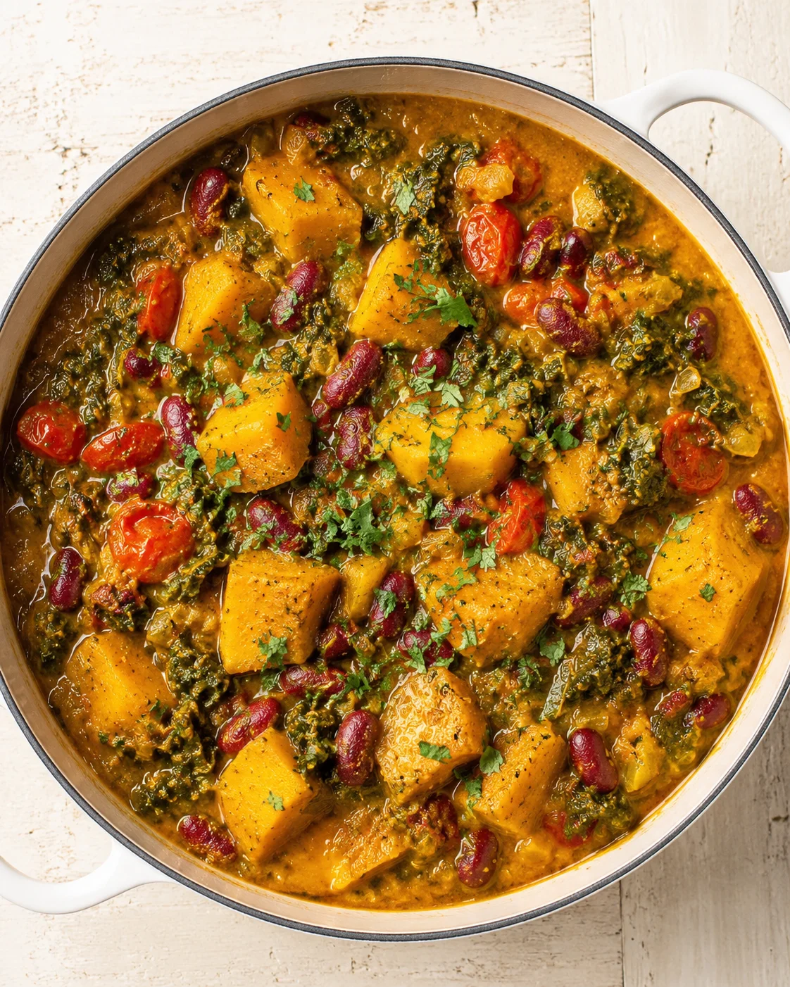 hearty potato kale stew with kidney beans in a white pot