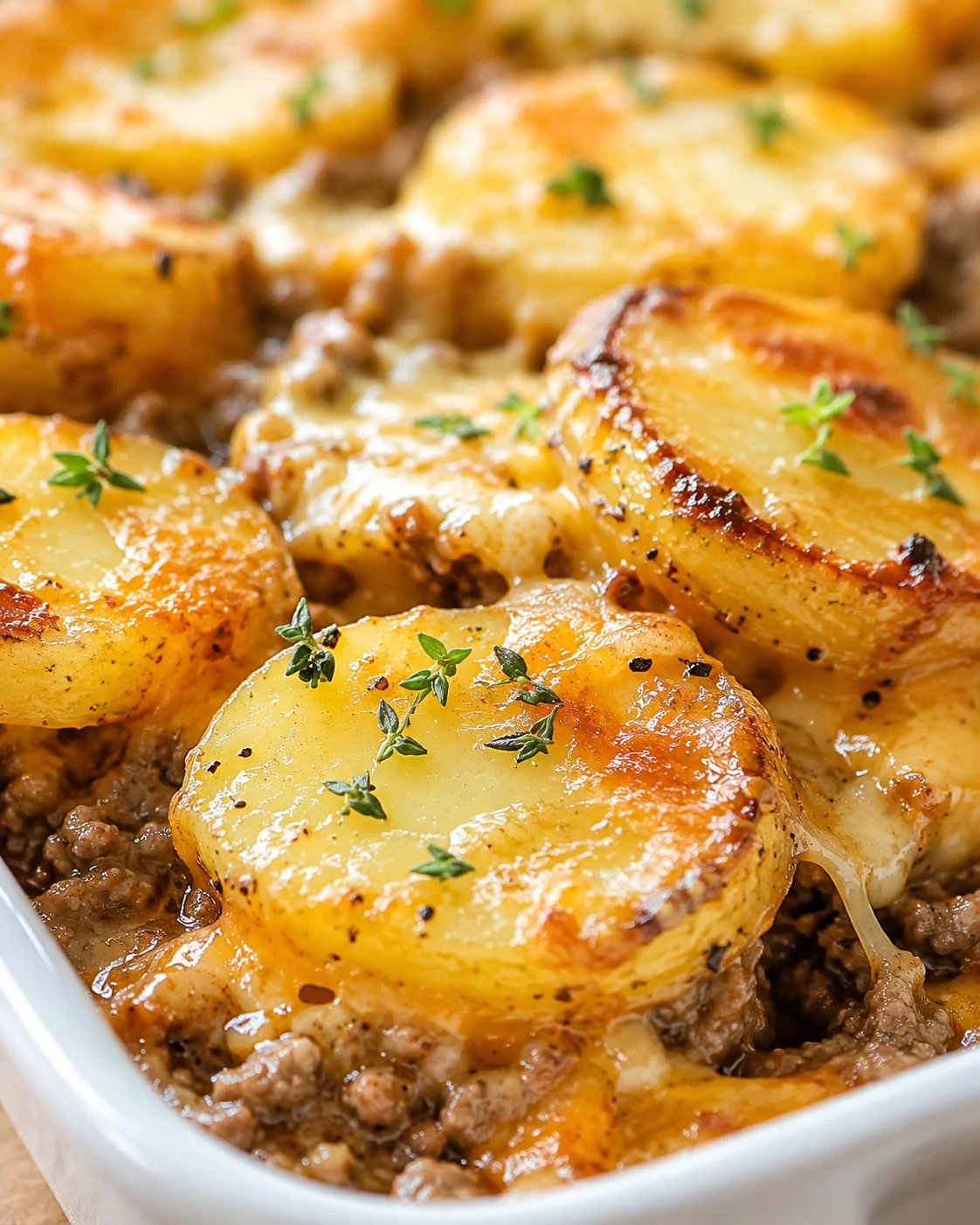 close-up of golden potato slices atop a beef and cheese bake, garnished with thyme.