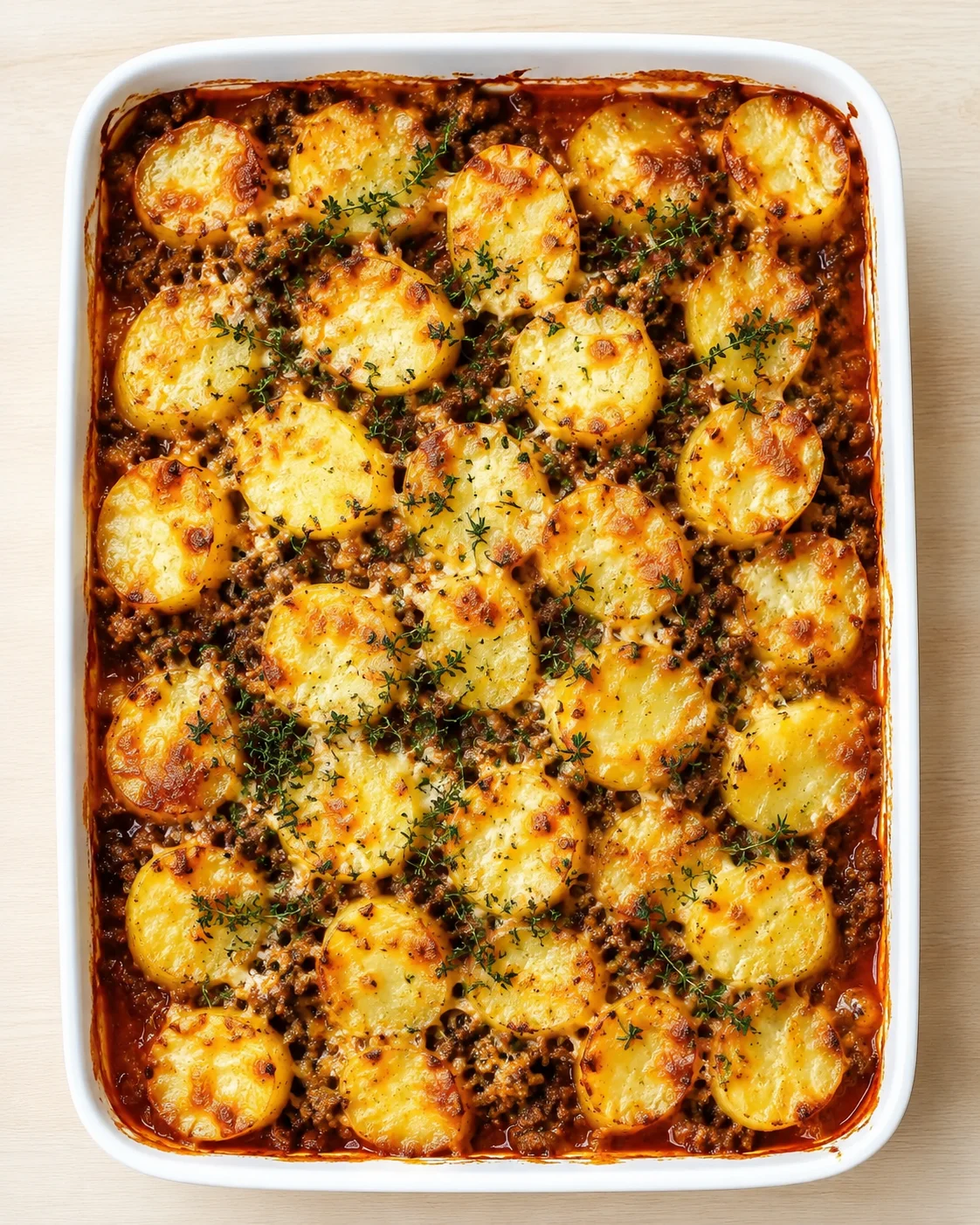 white rectangular baking dish filled with meat sauce and potato slices arranged on top