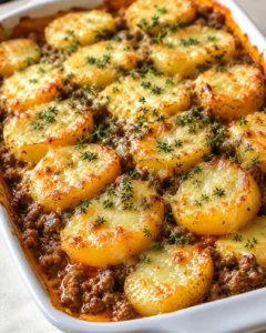 oven-baked potato slices atop meat filling with melted cheese and thyme garnish in a white dish