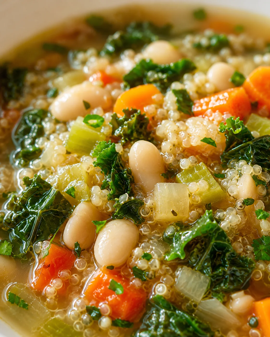close-up of kale, white beans, quinoa, and diced vegetables in a simmering broth