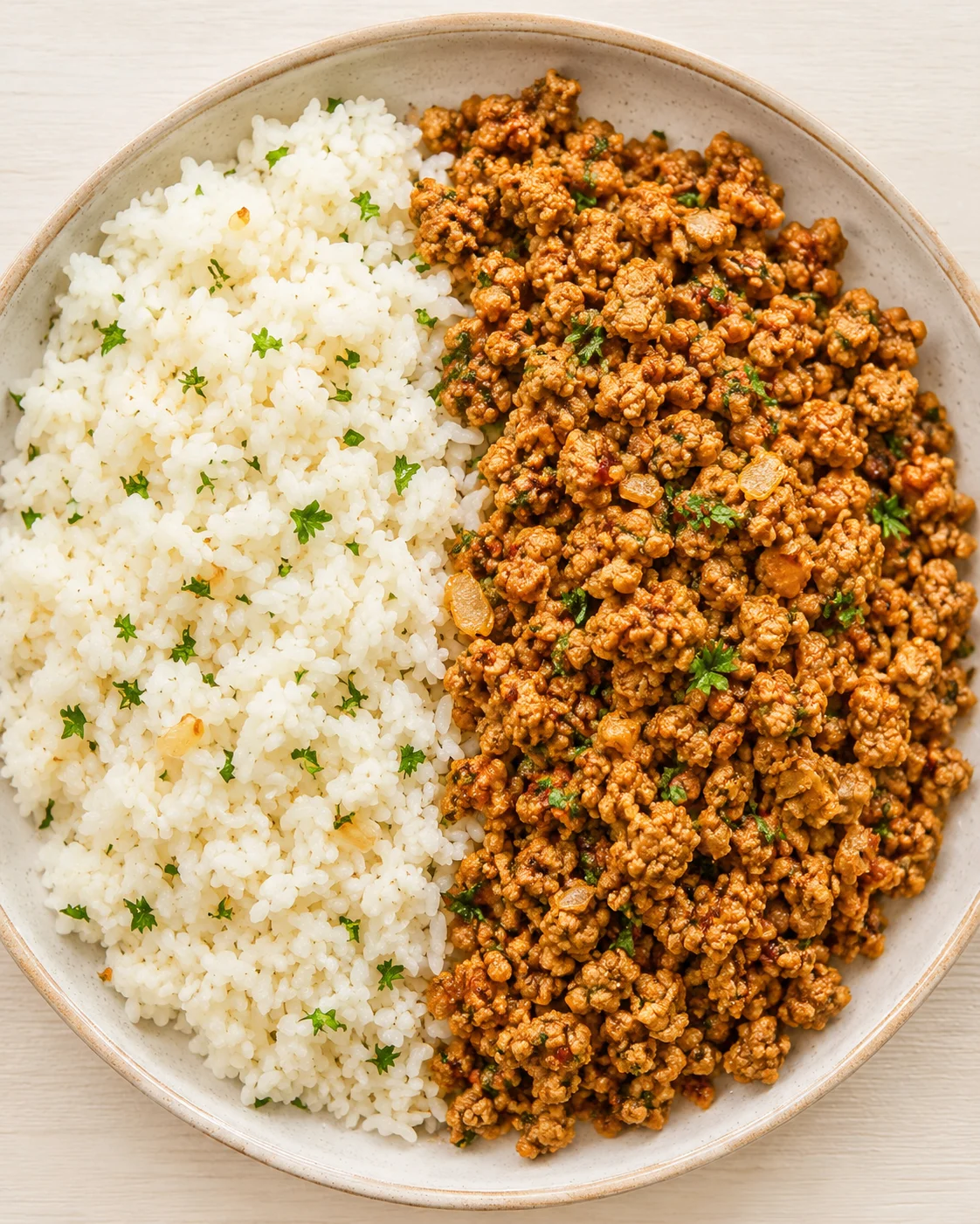 Overhead view of white rice on the left and seasoned ground beef on the right.